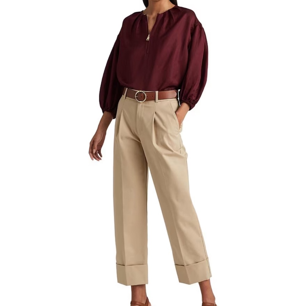 Ralph Lauren Shantung Blouson Sleeve Round Neck Quarter Zip Blouse Gold Zipper - Picture 4 of 8